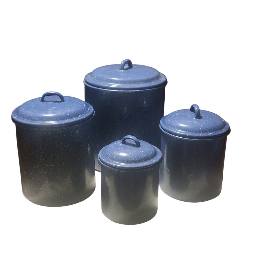 Blue Enamel Pot Container w/ Lid 9 lot of 4